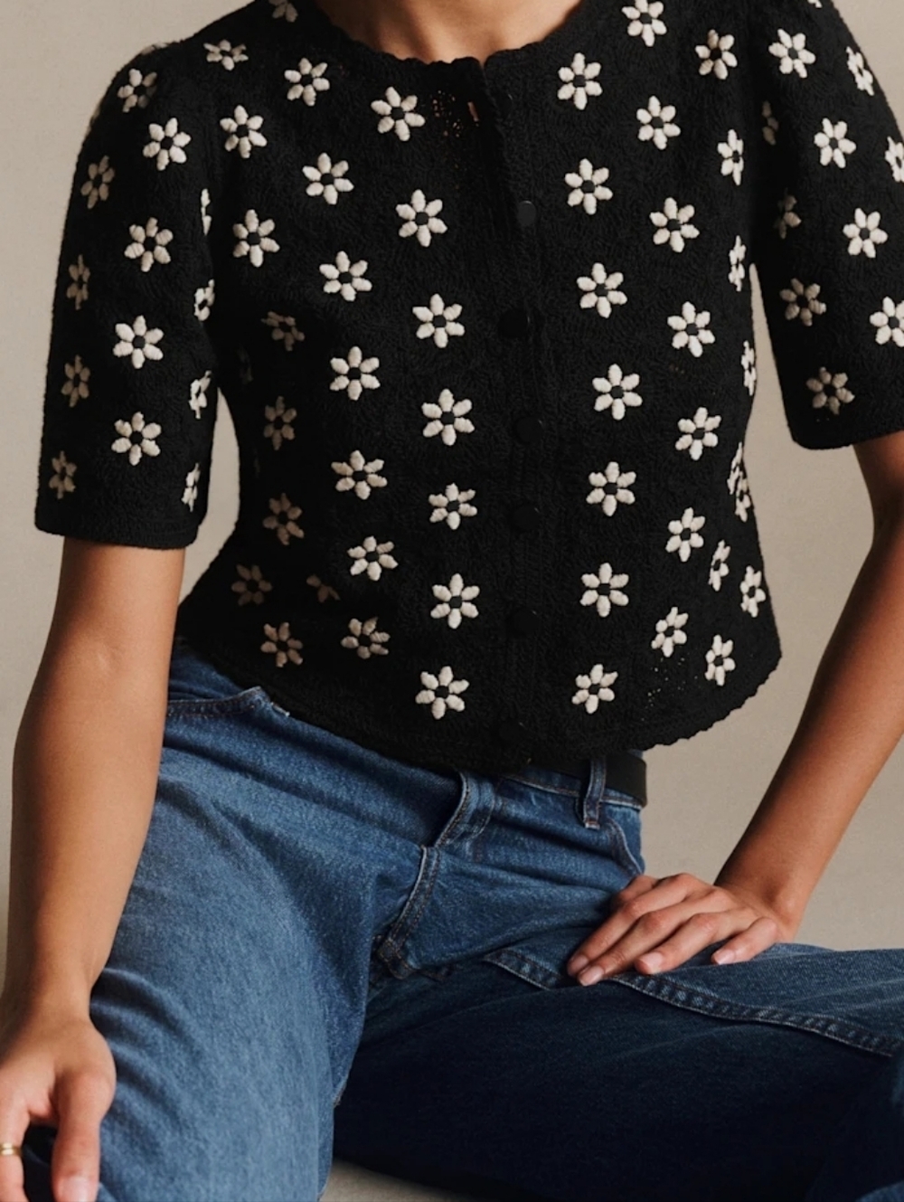 Sezane Lorna Shirt Contrasted Black Guipure Ecru Flower - Size S